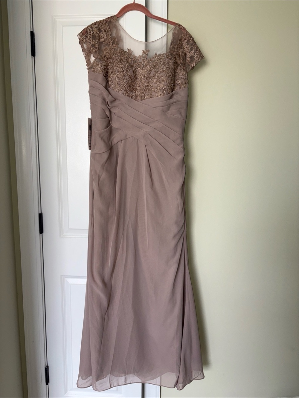 Lace-Trim Maxi Evening Dress in Taupe